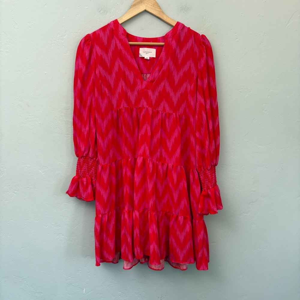 Pomander Place Ikat Kenzo Dress Women Size Medium Hot Pink Tiered